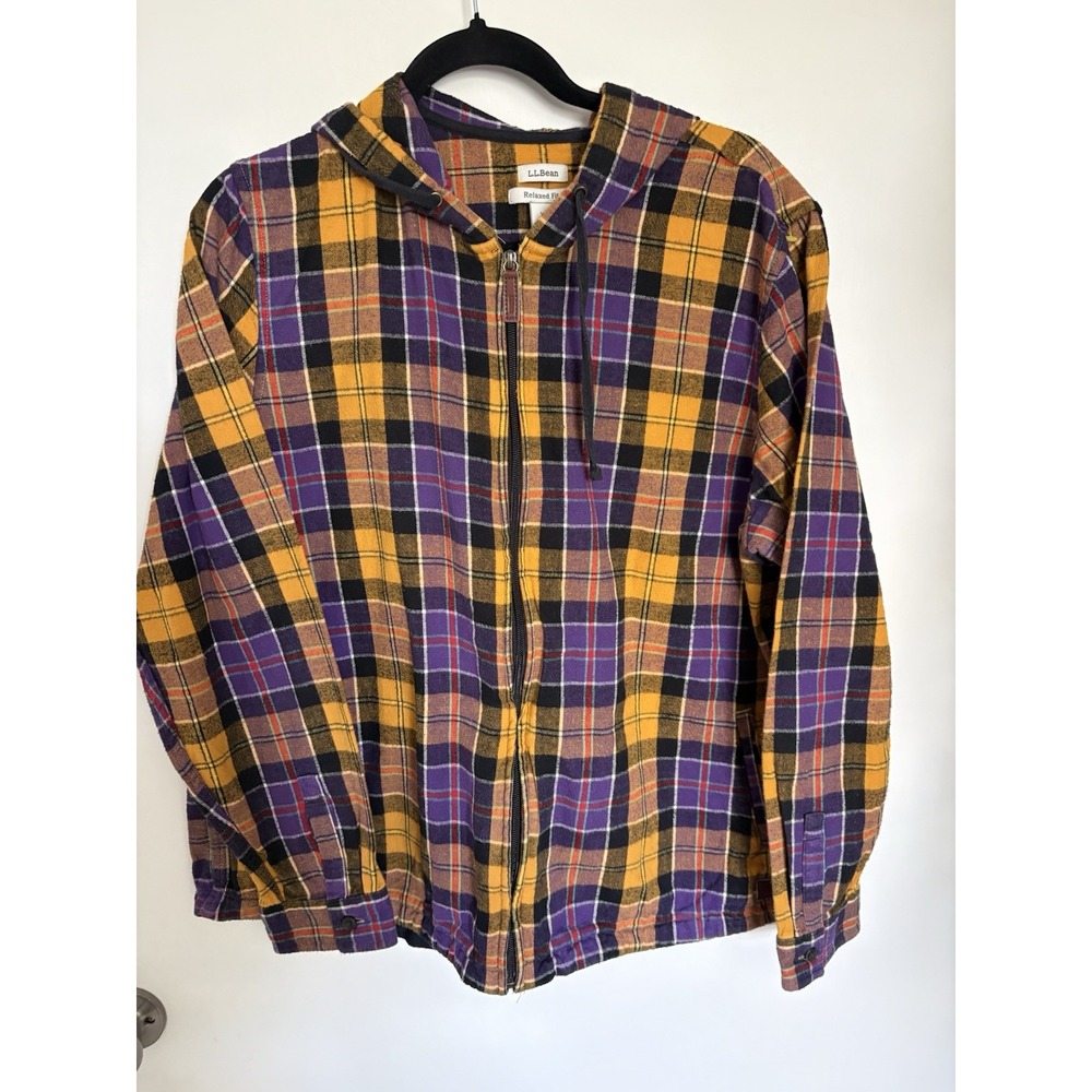 L.L. Bean Women's Scotch Plaid Flannel Shirt Relaxed Zip Hoodie Purple Yello XL